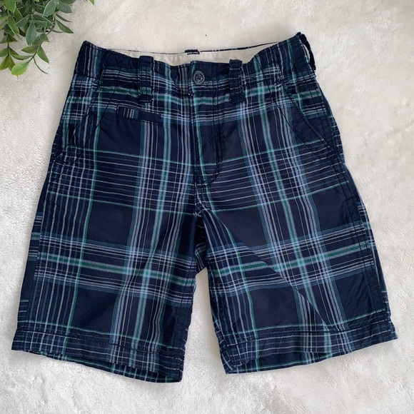 GAP Navy Blue & Green Plaid Shorts Boys 7 EUC Adjustable Waist - Picture 1 of 9